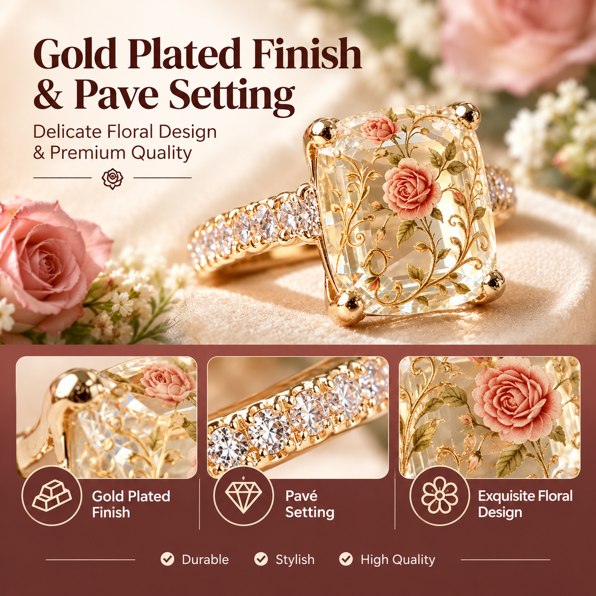 Vintage Rose Floral Printed Square Crystal Statement Ring