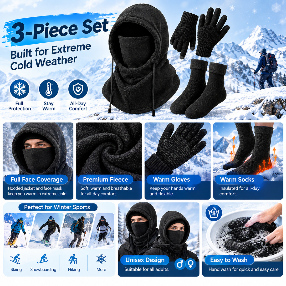Unisex Adults' 3 Piece Plain Winter Warm Sports Gear Set