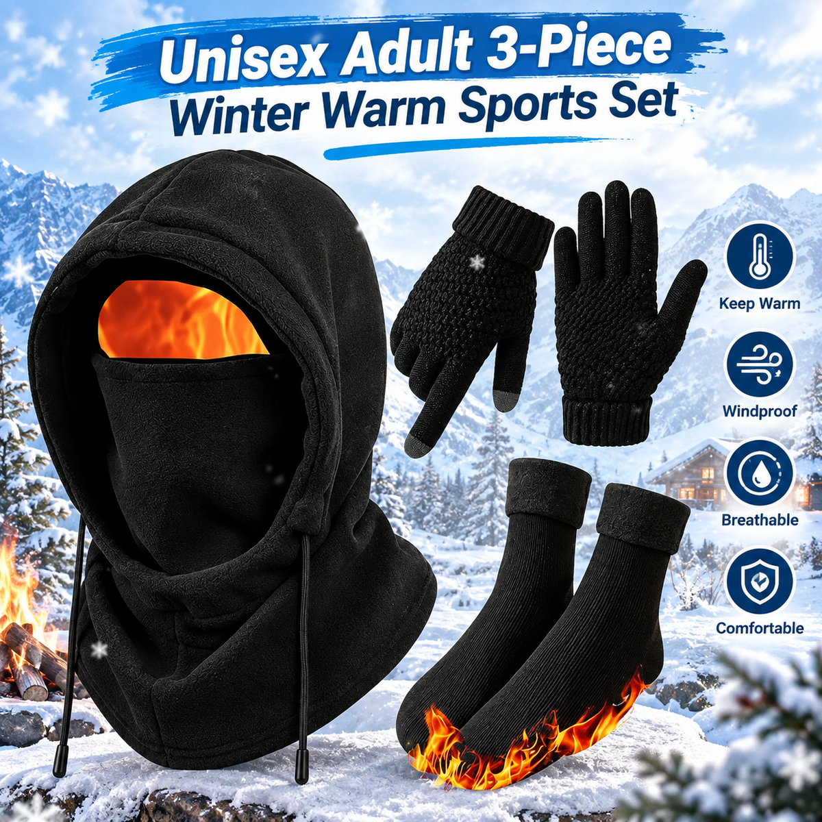 Unisex Adults' 3 Piece Plain Winter Warm Sports Gear Set