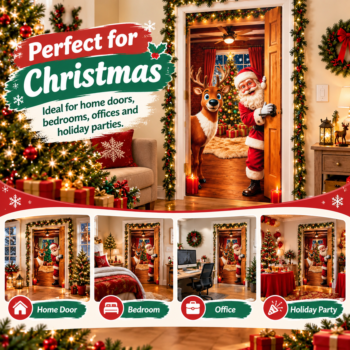 Christmas Door Cover - Stretch Fit Santa & Reindeer Door Decoration with 4-Side Elastic Edges