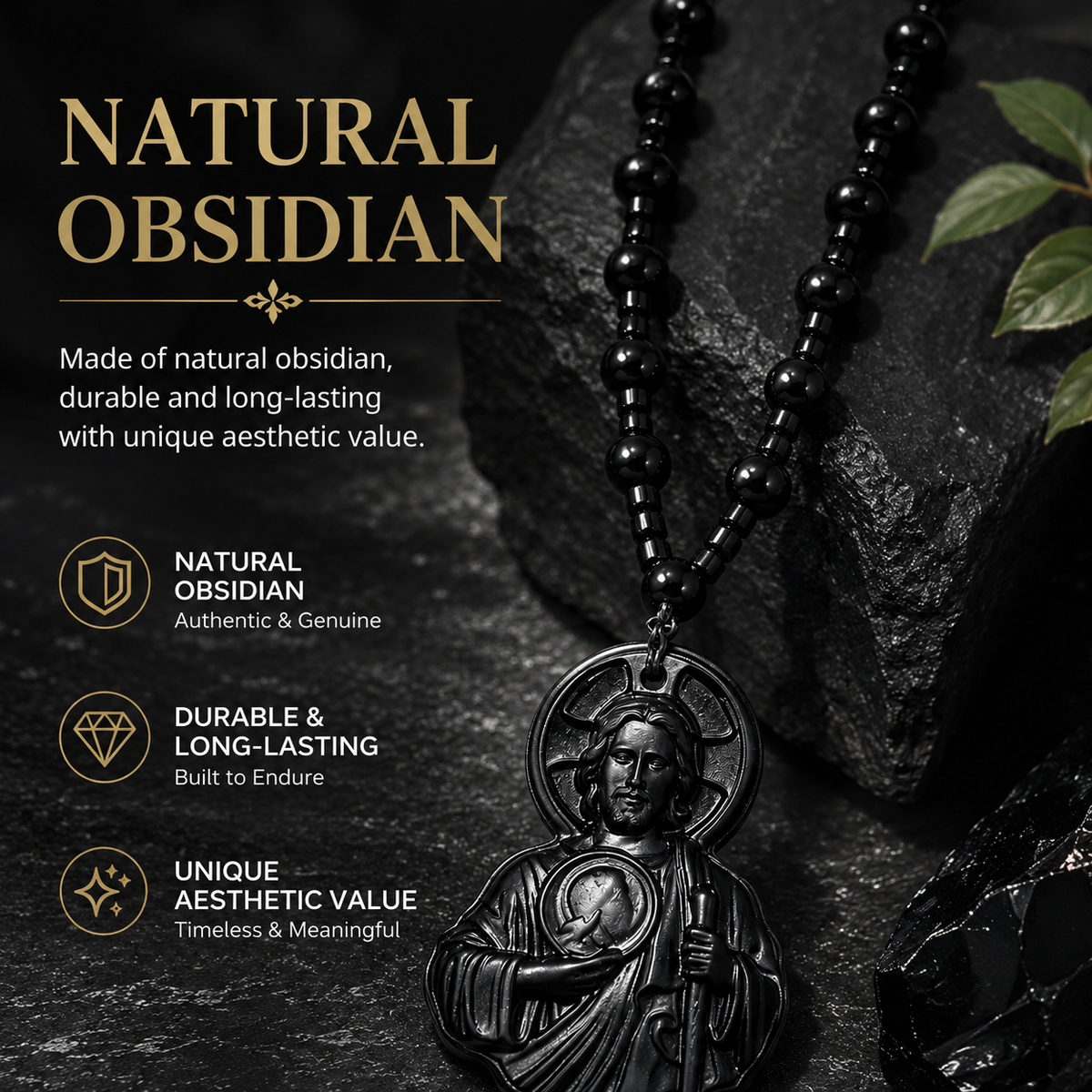 Natural Obsidian Jesus Sacred Heart Pendant Necklace
