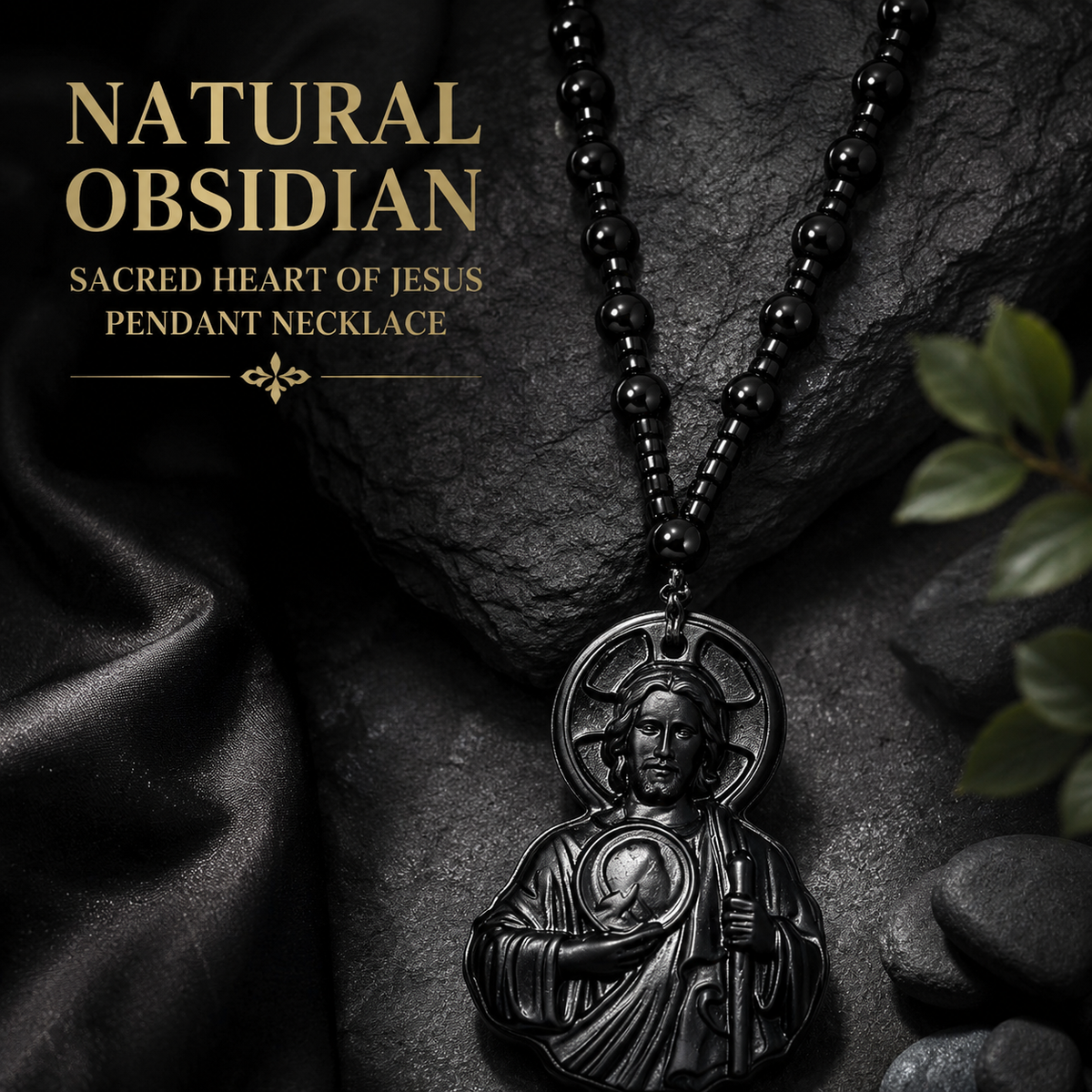 Natural Obsidian Jesus Sacred Heart Pendant Necklace