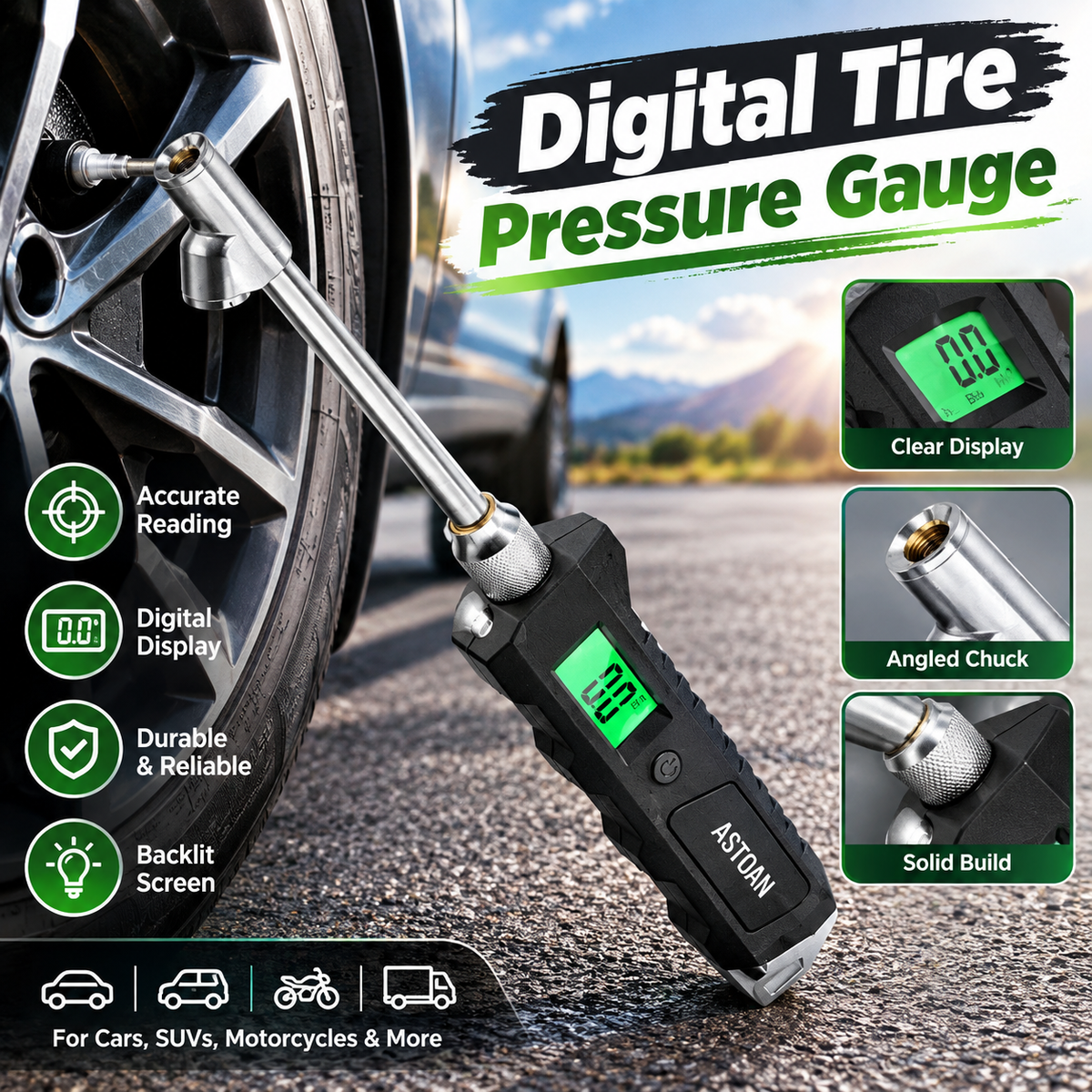 Digital Tire Pressure Gauge - 230 PSI Wide Range Heavy