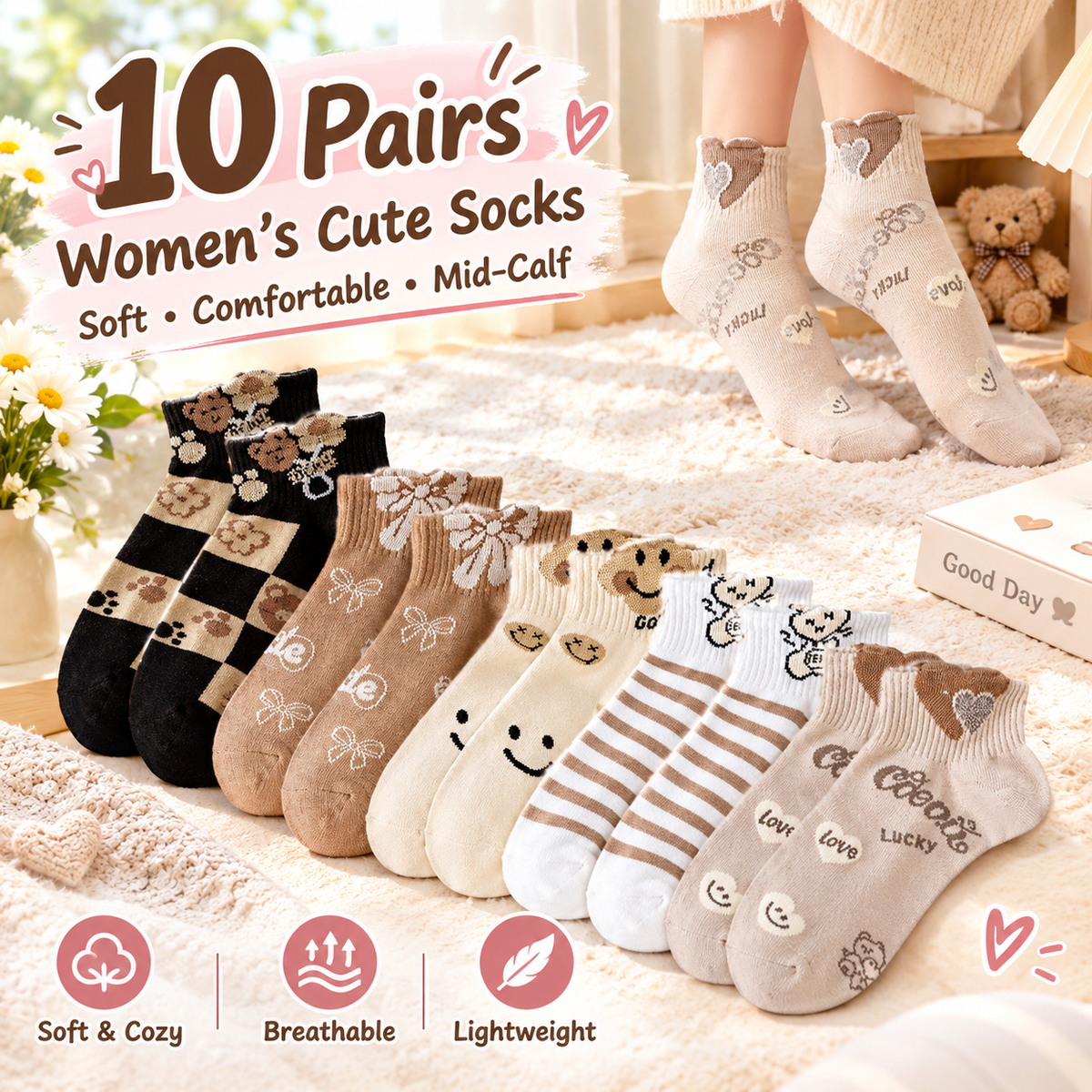 10-Pair Pack Women's Cute, Soft, and Comfortable Mid-Calf Socks