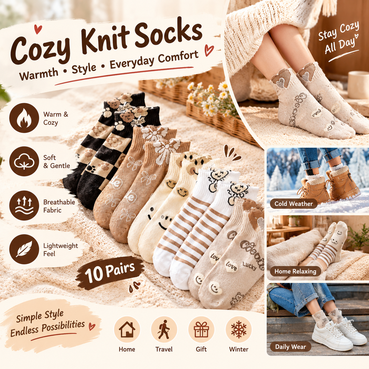10-Pair Pack Women's Cute, Soft, and Comfortable Mid-Calf Socks
