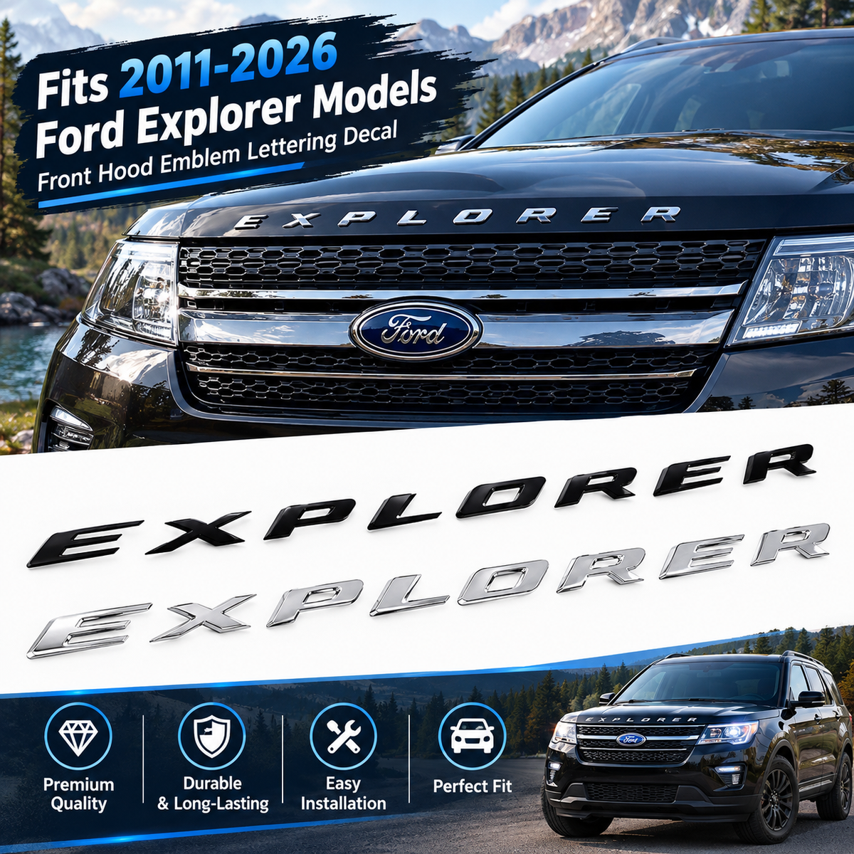 Front Hood Raised Explorer Letters Fit for 2011-2026 Explorer Model Emblem Decal Badge