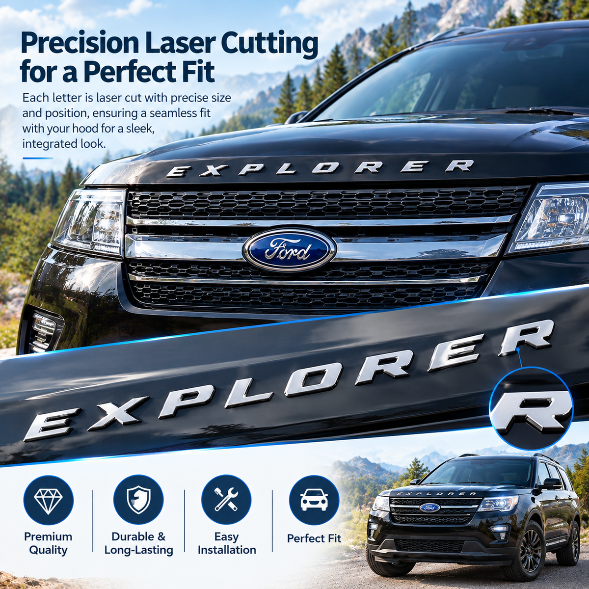 Front Hood Raised Explorer Letters Fit for 2011-2026 Explorer Model Emblem Decal Badge