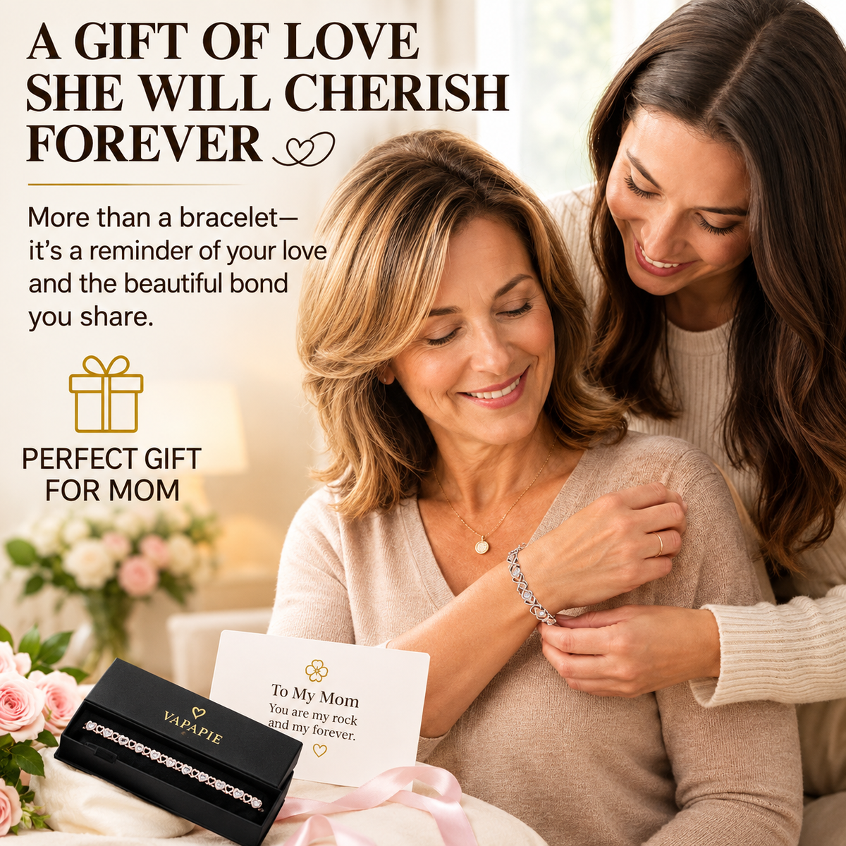 Women's Rose Gold-Tone Heart Link Bracelet with Crystal Accents