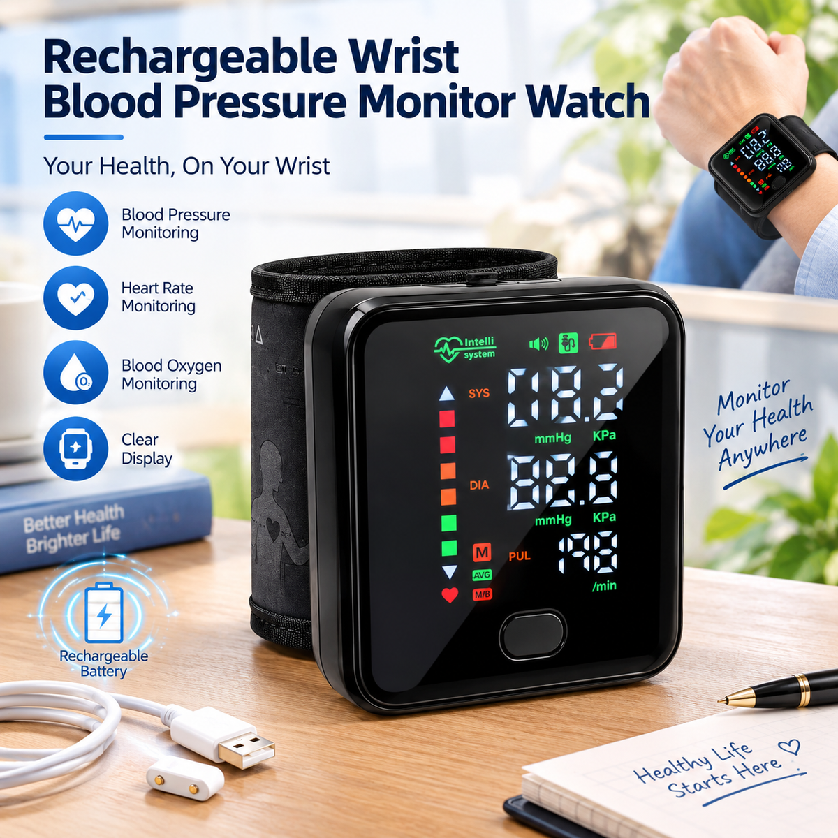 Rechargeable Wrist Blood Pressure Monitor Wristwatch