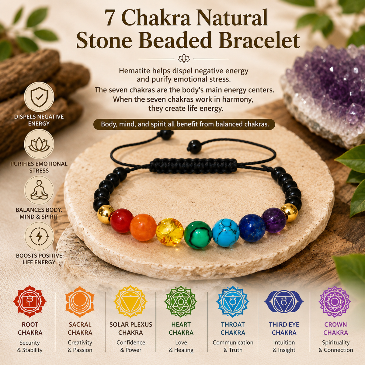 Seven-Chakra Natural Stone Beaded Bracelet