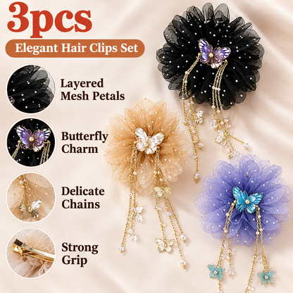 3-Piece Butterfly Tassel & Tulle Peony Hair Clip Set
