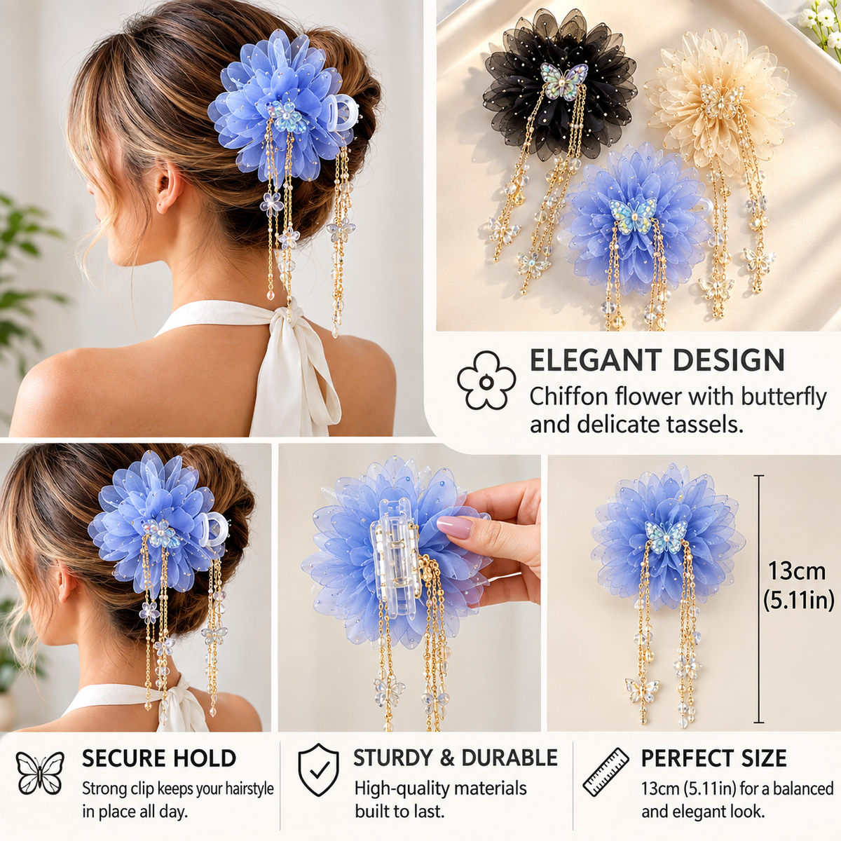 3-Piece Butterfly Tassel & Tulle Peony Hair Clip Set
