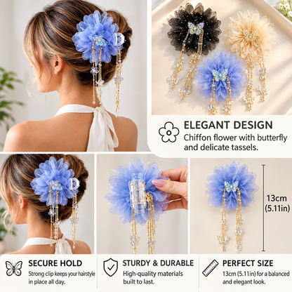 3-Piece Butterfly Tassel & Tulle Peony Hair Clip Set