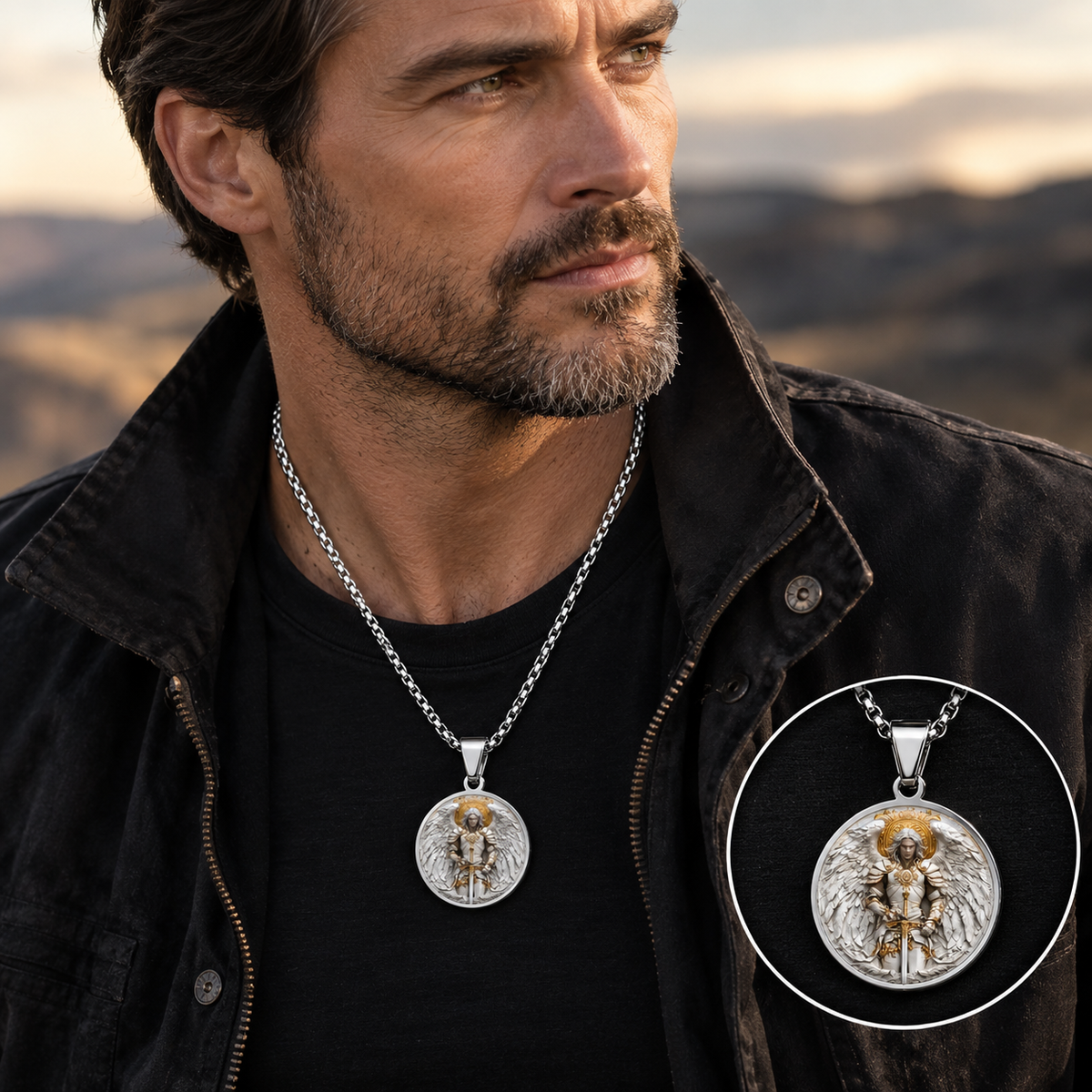 Men’s Stainless‑Steel Circle Angel Warrior Pendant Necklace