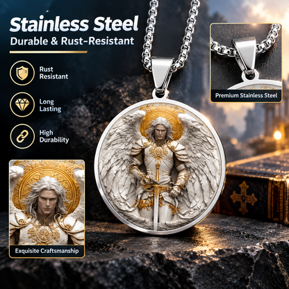 Men’s Stainless‑Steel Circle Angel Warrior Pendant Necklace