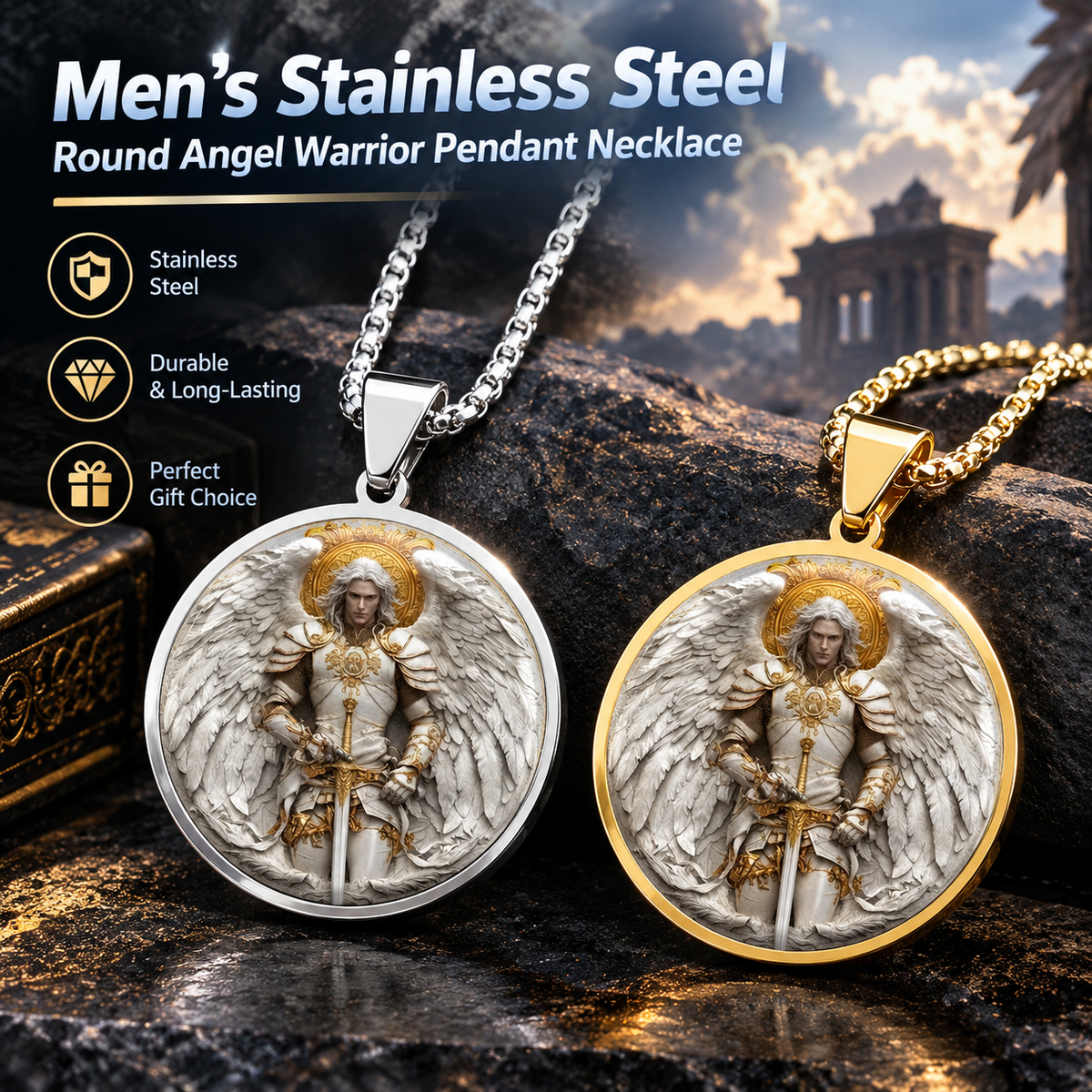 Men’s Stainless‑Steel Circle Angel Warrior Pendant Necklace