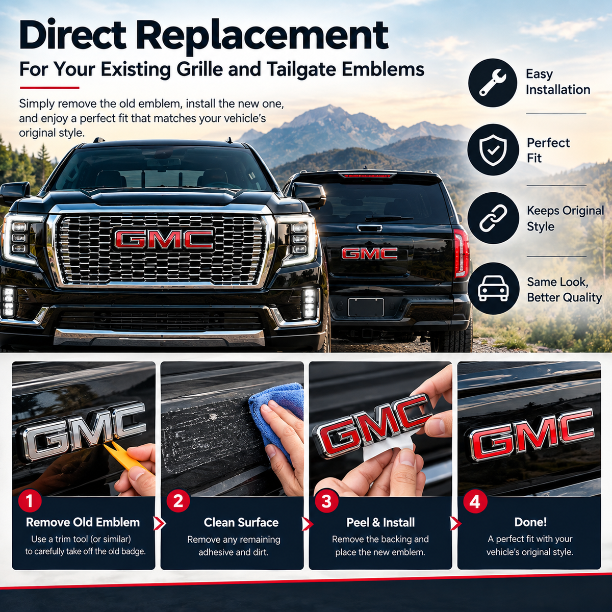 Premium GMC Grille & Tailgate Emblem Replacement Badge Fits 19-26 Sierra