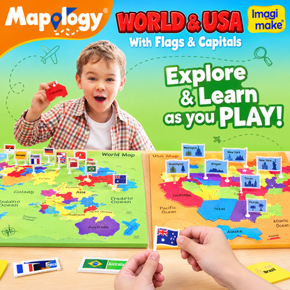 USA & World Map Puzzle with Flags, Capitals, Stickers