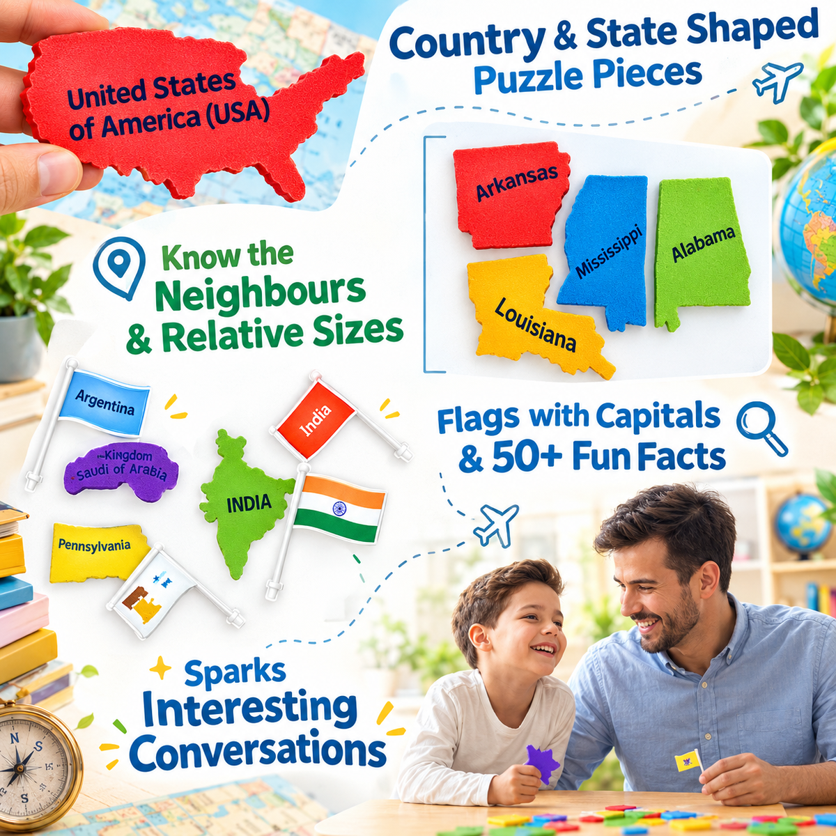 USA & World Map Puzzle with Flags, Capitals, Stickers