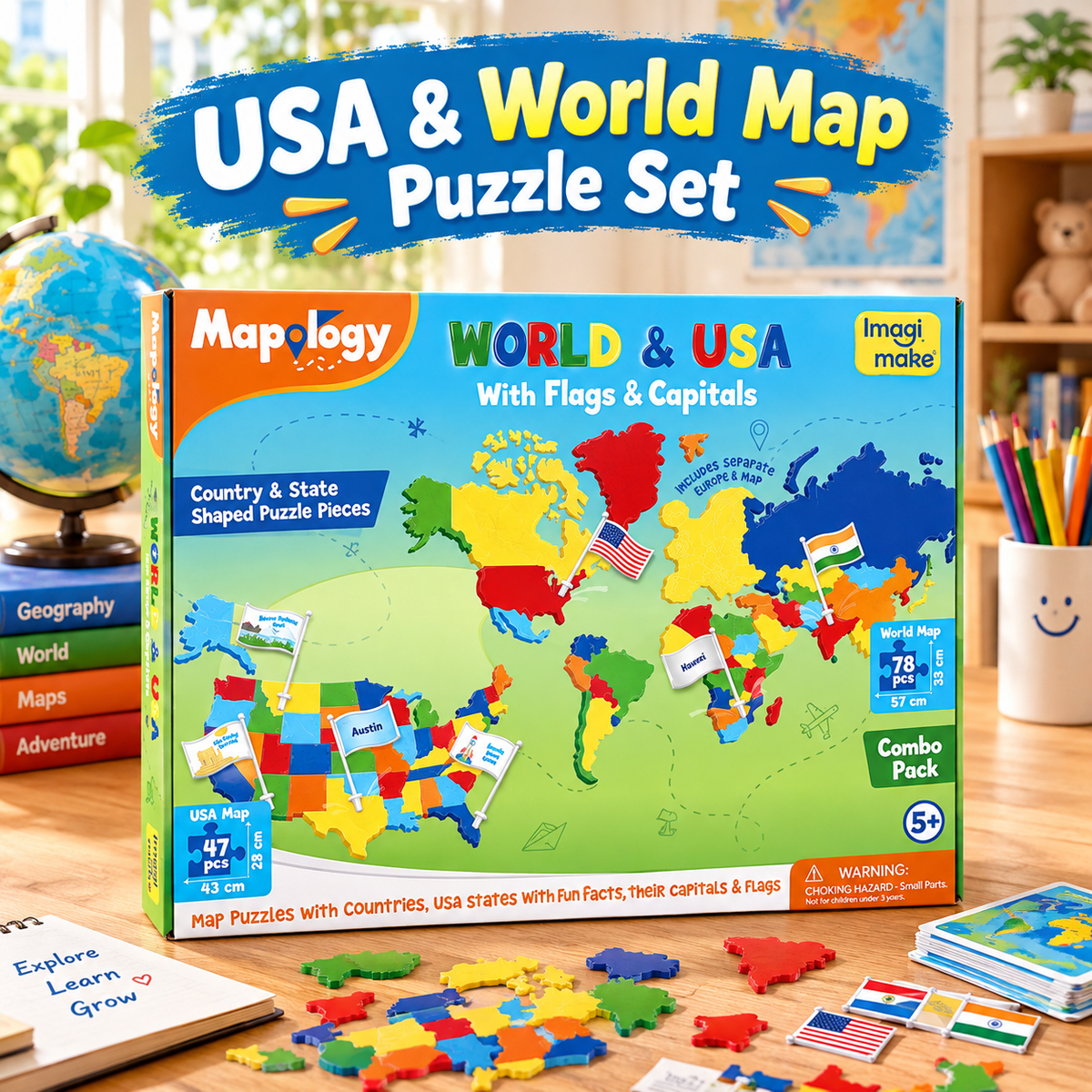 USA & World Map Puzzle with Flags, Capitals, Stickers