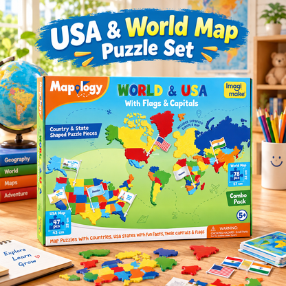 USA & World Map Puzzle with Flags, Capitals, Stickers