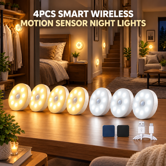 4PCS 8 LEDs Wireless Sensor Light with Magnetic Strips & Charging Cables