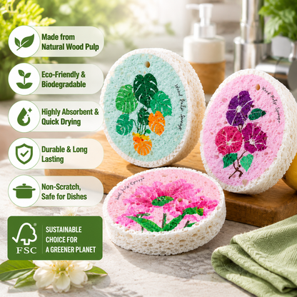 3PCS Wood-Based Eco-Friendly Cellulose Scrubber Pads - Scratch Free, Thickened Sof