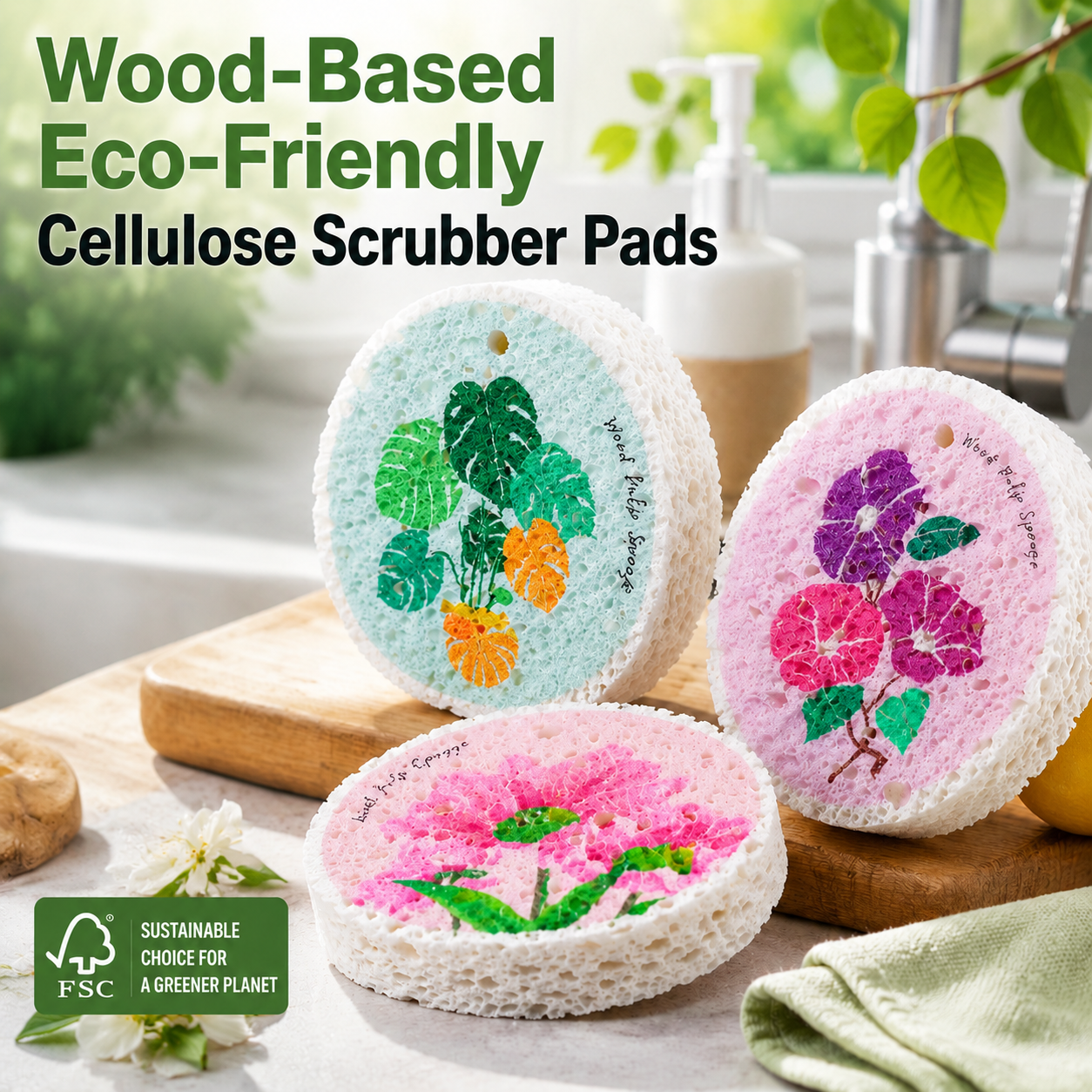 3PCS Wood-Based Eco-Friendly Cellulose Scrubber Pads - Scratch Free, Thickened Sof