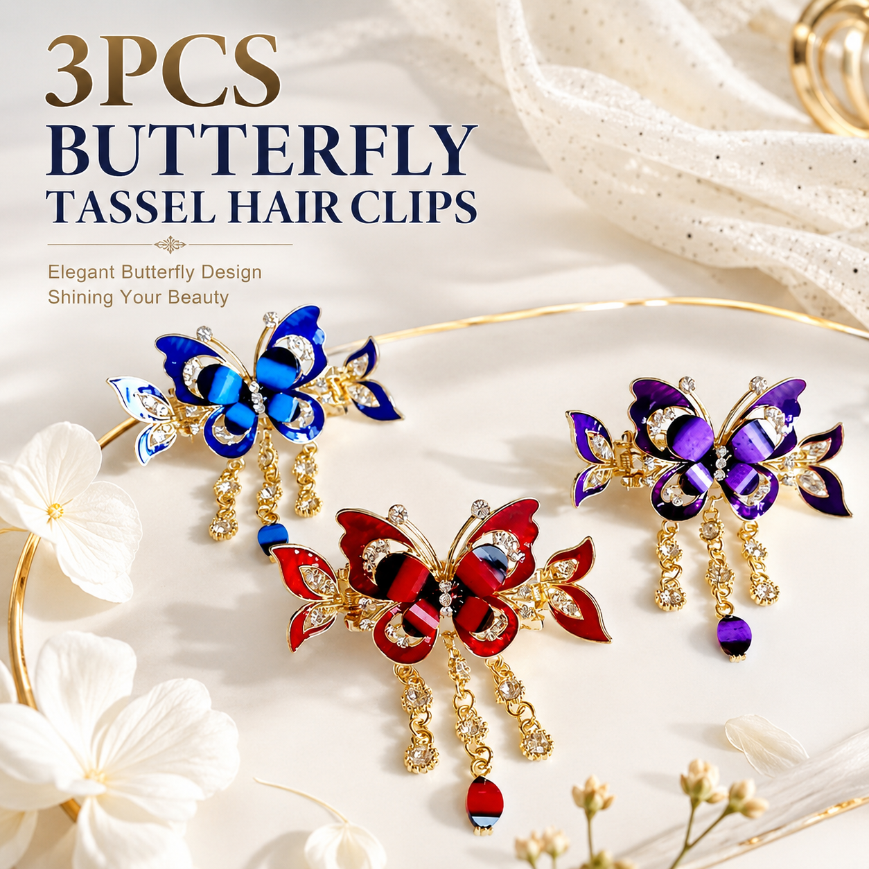 3PCS Bohemian Butterfly Tassel Hair Clips with Rhinestones