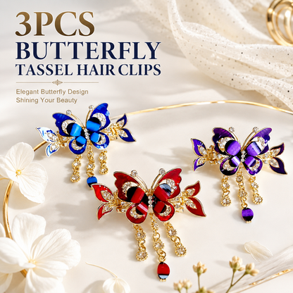 3PCS Bohemian Butterfly Tassel Hair Clips with Rhinestones