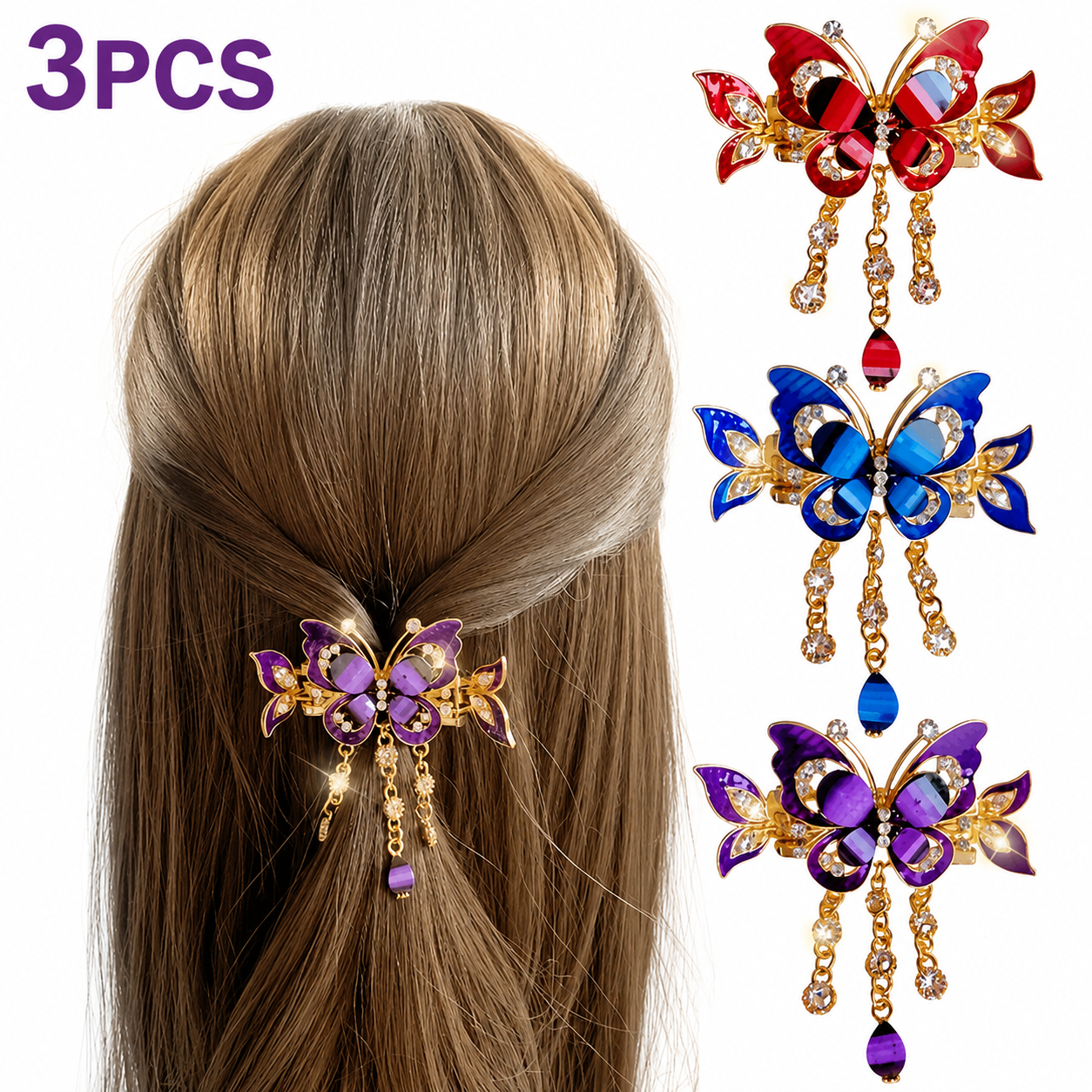 3PCS Bohemian Butterfly Tassel Hair Clips with Rhinestones