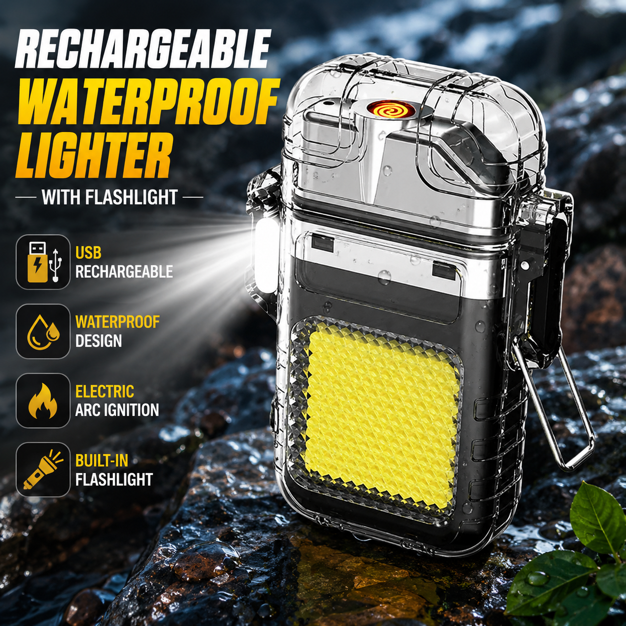 Electric USB Rechargeable Waterproof Lighter with Flashlight