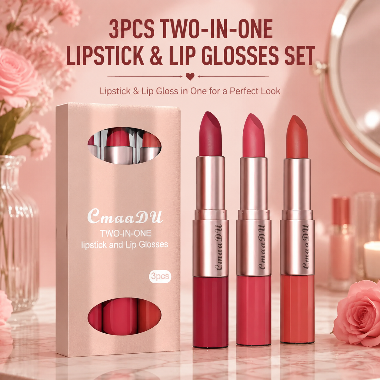 3PCS 2-in-1 Lipstick & Lip Gloss Set – Matte, Long-Lasting, and Waterproof