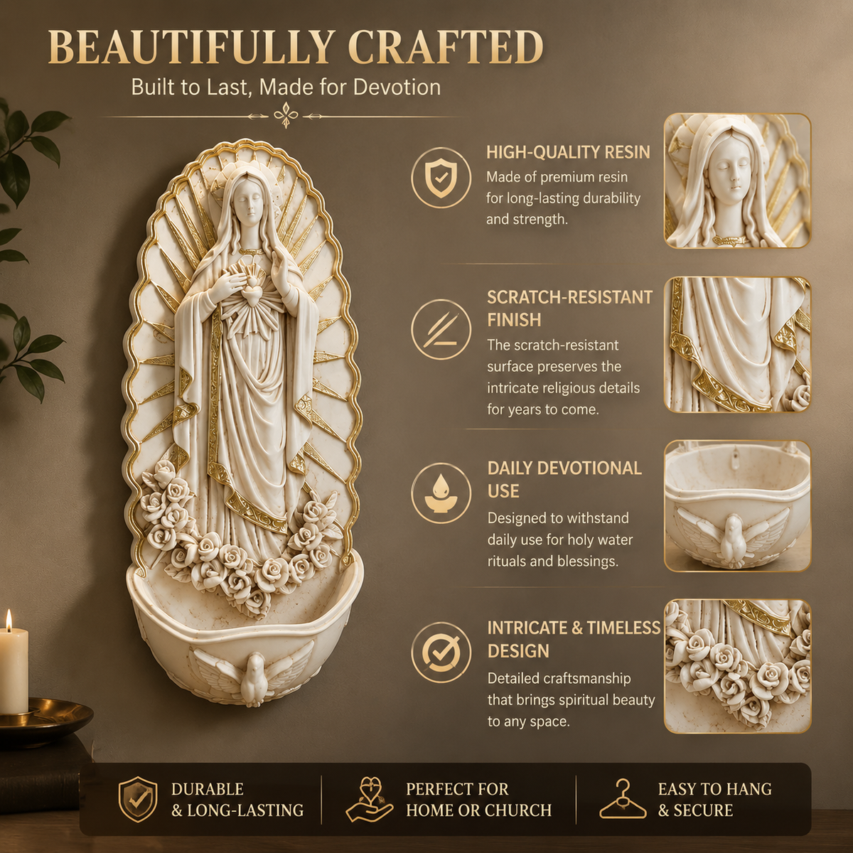 Wall Mounted Virgin Mary Holy Water Font with Rosary Holder