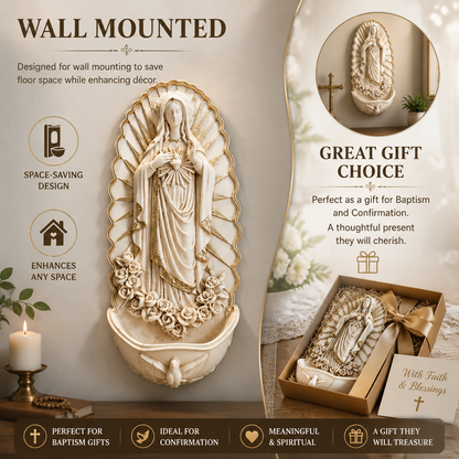 Wall Mounted Virgin Mary Holy Water Font with Rosary Holder