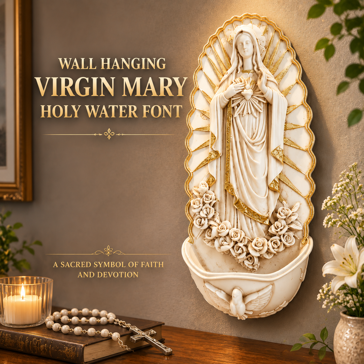 Wall Mounted Virgin Mary Holy Water Font with Rosary Holder