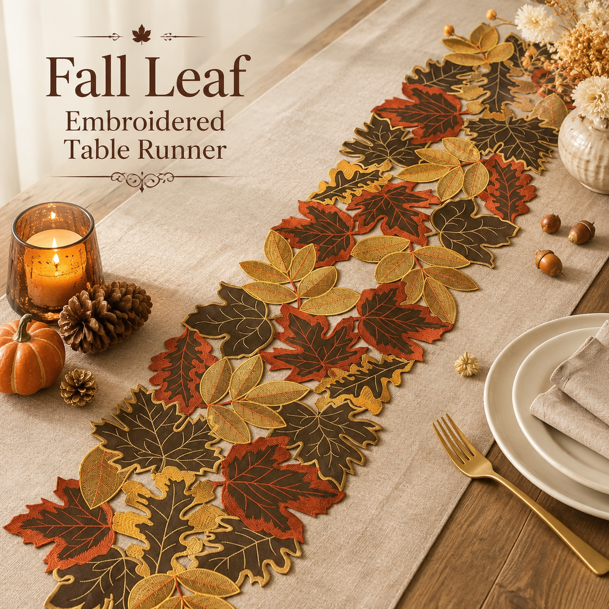 Fall Leaf Embroidered Table Runner