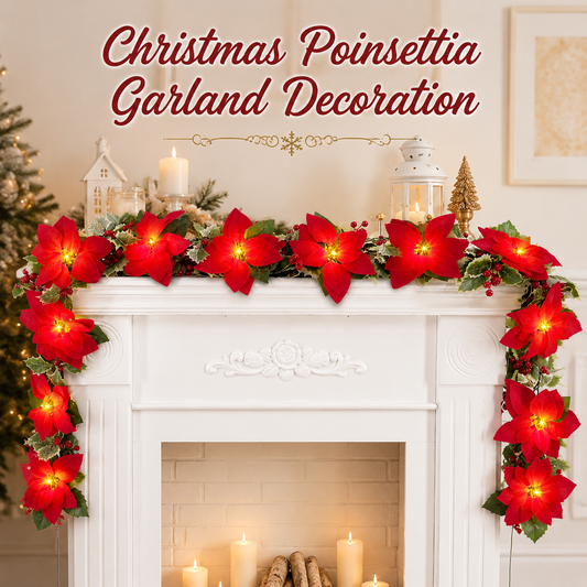 Poinsettia wreath decoration, adorned with red berries and holly leaves