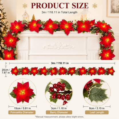 Poinsettia wreath decoration, adorned with red berries and holly leaves
