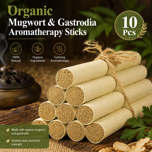 Pack of 10 organic mugwort and gastrodia aroma sticks; includes a wooden base