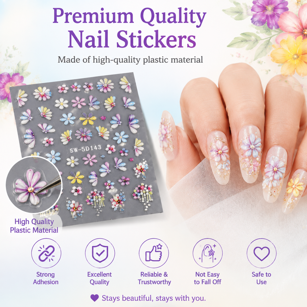 5-Piece Set of Summer Floral Nail Art Stickers