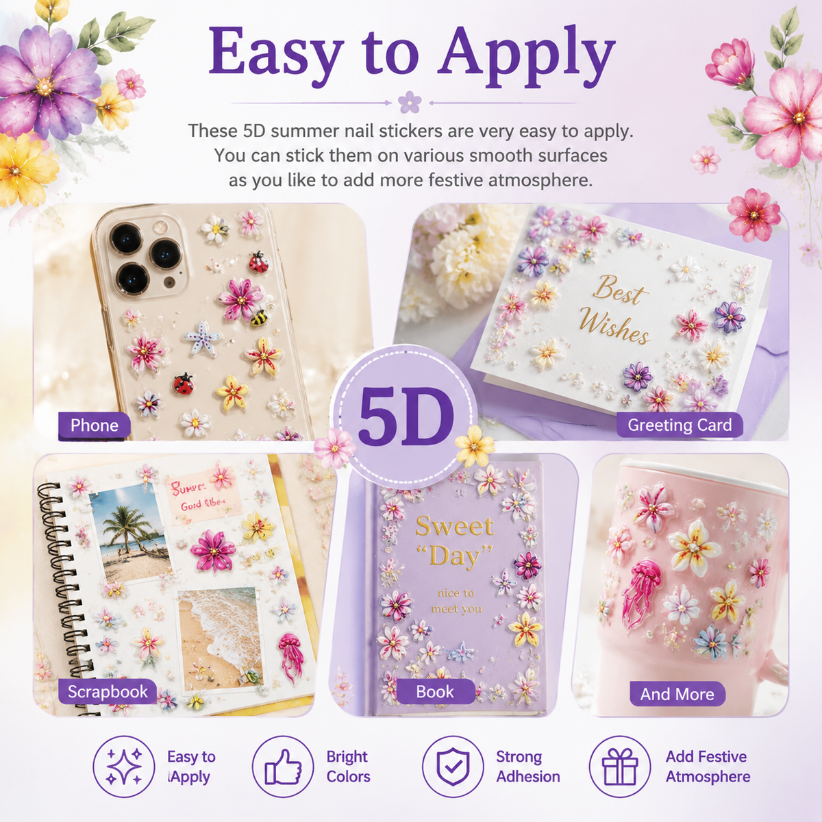 5-Piece Set of Summer Floral Nail Art Stickers