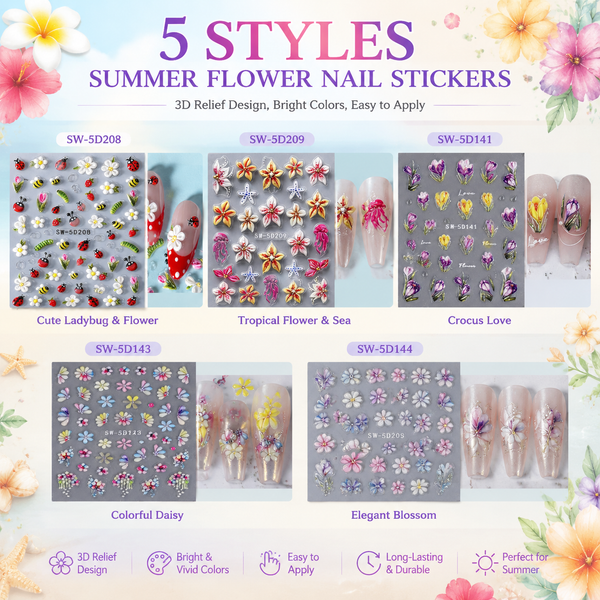 5-Piece Set of Summer Floral Nail Art Stickers