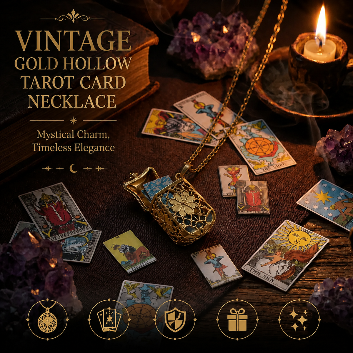 Vintage Gold Openwork Tarot Card Necklace