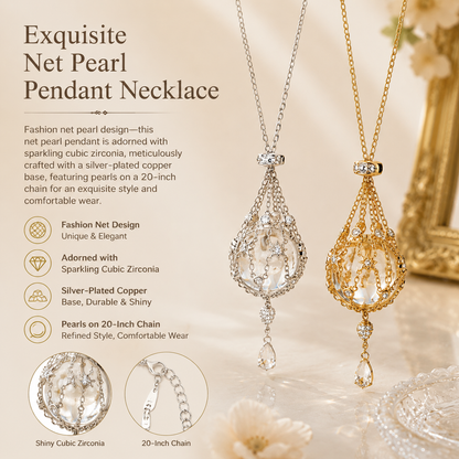 Dainty Netted Pearl Pendant Necklace with Rhinestones