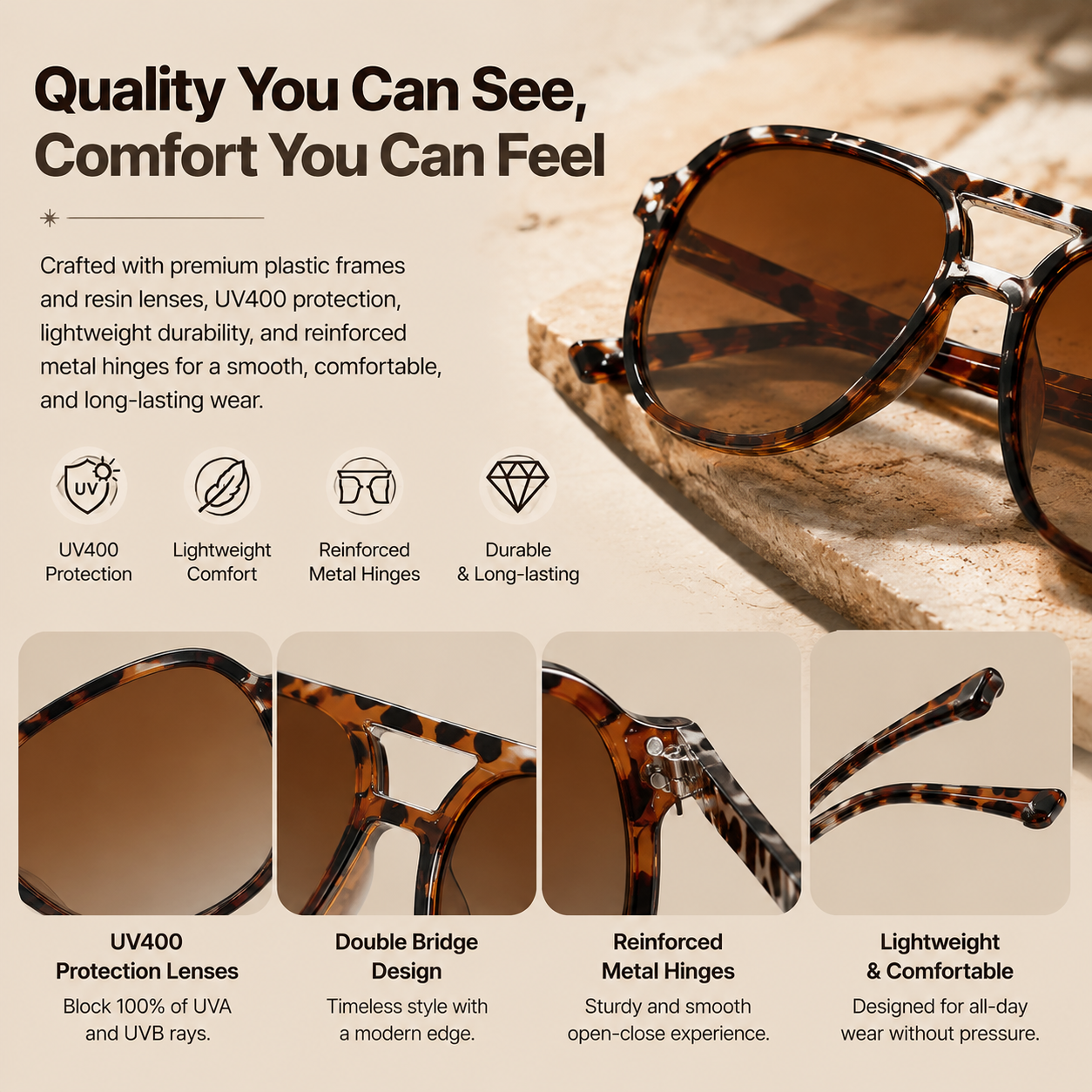 Stylish Double-Bridge Sunglasses with Square Rivet Details