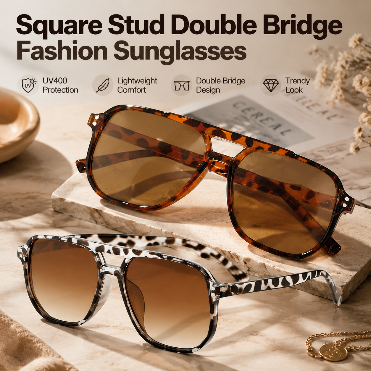 Stylish Double-Bridge Sunglasses with Square Rivet Details