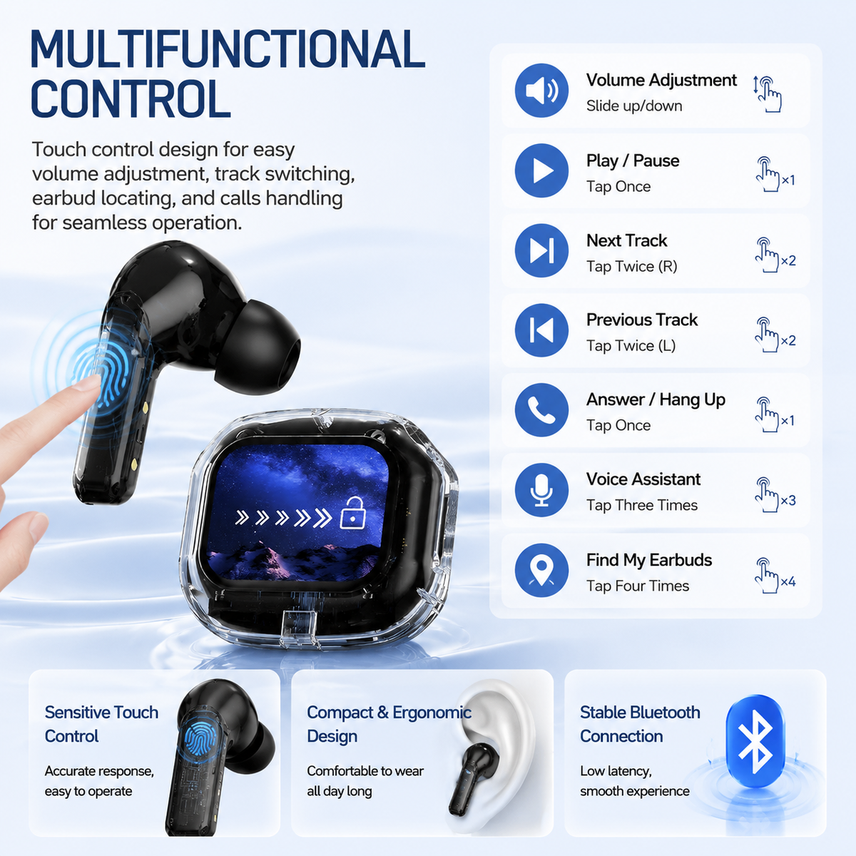 AI Translation in-Ear Bluetooth 5.4 Earbuds, Full-Color Touch Screen Case