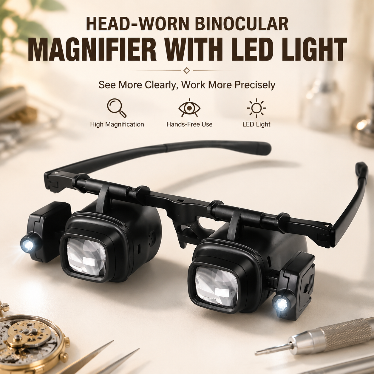 Head-mounted binocular magnifier with light
