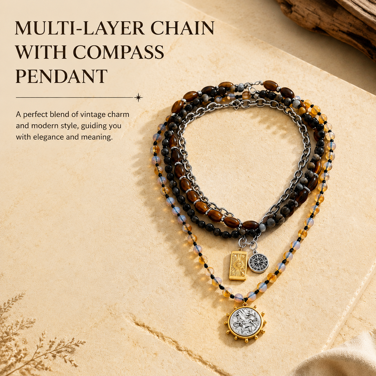 Boho Layered Chain with Compass Pendant